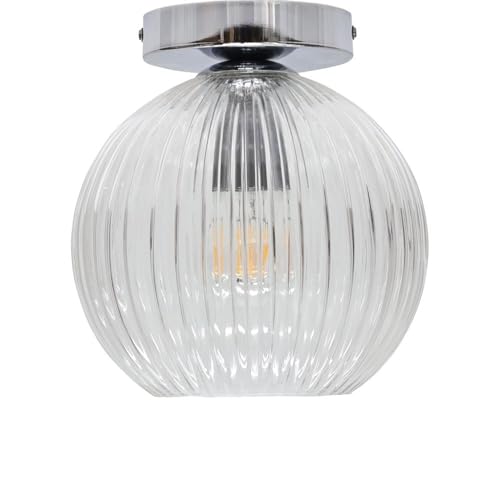 firstchoicelighting Ribbed Glass Globe Ceiling Light Flush Fitting with Chrome Detail, Modern Low Ceiling Lighting