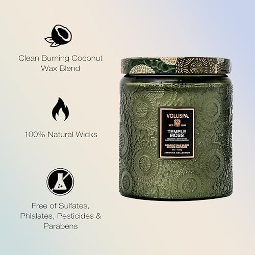 Image of Voluspa Temple Moss, Two Wick Luxe Candle Jar, 44 oz, Coconut Wax Blend, Scented Candles for Home, 140 Hour Burn Time, Handcrafted in the USA