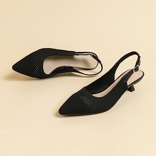 Image of youngshow Women's Slingback Kitten Heels for Work | Knit, Low Heels, Elastic Back Strap, Slip on, Pumps for Office, Wedding, Party