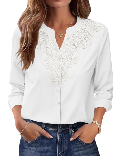 Image of Rapbin Womens Tops Long Sleeve Blouses Boho V Neck Lace Top White Shirts
