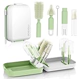 Baby Bottle Brush Set with Drying Rack, Portable Silicone Bottle Cleaner Kit for Bottles, Nipples and Straws, Travel Storage Box for Home and On-The-Go Use（Green）