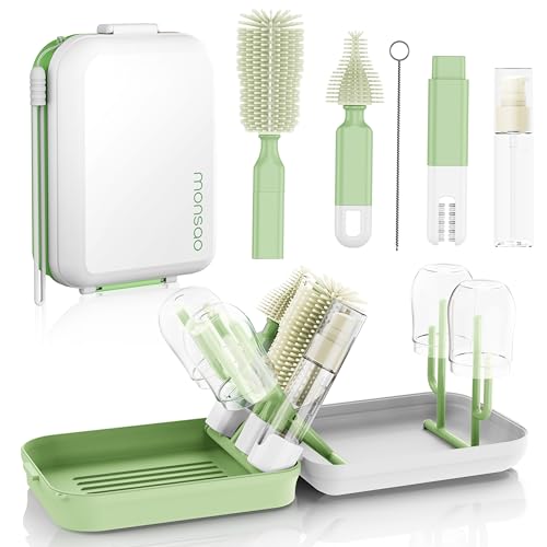 Image of Baby Bottle Brush Set with Drying Rack, Portable Silicone Bottle Cleaner Kit for Bottles, Nipples and Straws, Travel Storage Box for Home and On-The-Go Use（Green）