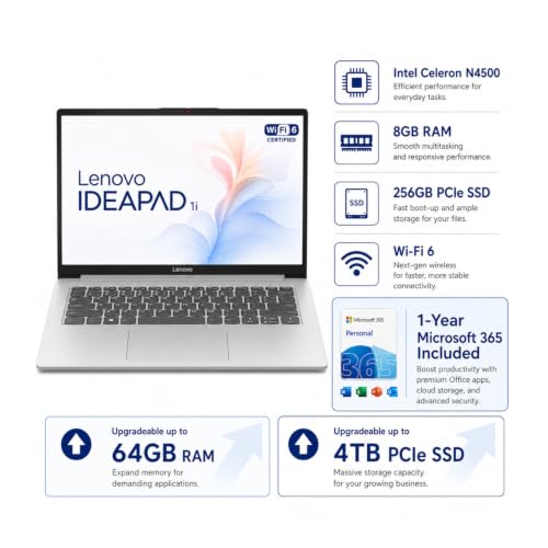 Image of Lenovo Laptop with Microsoft 365 Office, 8GB Memory, 256GB SSD, Intel Performance CPU, Webcam, SD-Card Reader, External Monitor Support, Ultra-Quiet Design, Windows 11