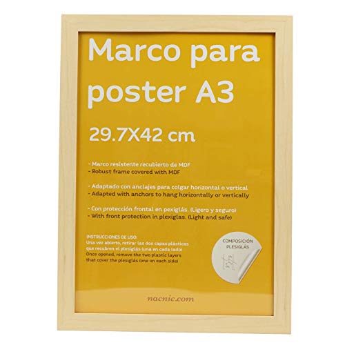 Nacnic Marco Tono Madera de Nogal para Fotos, Posters, láminas, Diplomas. Tamaño A3-29,7x42cm.Robusto de MDF y Frontal de plexiglas.Marco Madera de Nogal para Colgar