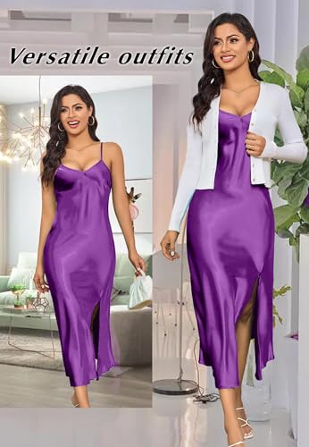 Image of ALCEA ROSEA Women's Long Satin Slip Dress Nightgowns Sexy Lingerie Adjustable Strap Midi Dress Silky Gown V Neck Under Dress