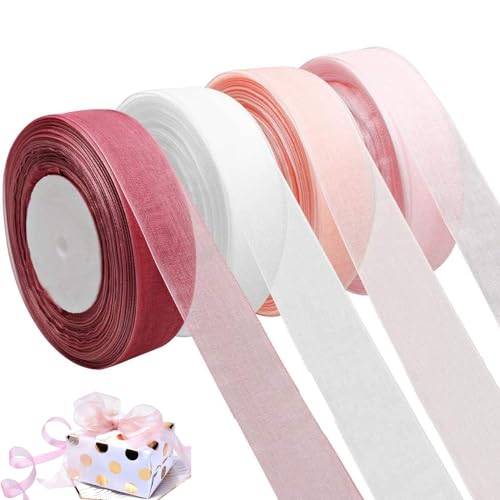 4 Rolls Sheer Organza Ribbon Ribbons for Gift Wrapping Wrapping Ribbon, 2cm x 45m Each Roll Gift Ribbon Chiffon Ribbon roll for DIY Crafts，Gift Wrapping，Bouquet ，Bows, Wedding Party Decorations