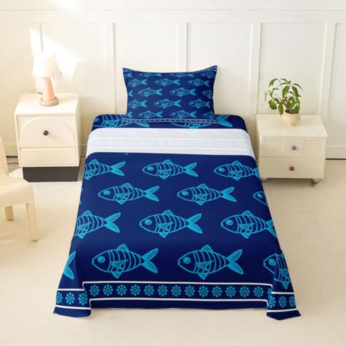 Image of jejeloiu Ocean Fish Bed Sheets Set Twin Size Summer Bed Set Blue Deep Pocket Fitted Sheet Sea Animal Breathable Soft Lightweight Microfiber