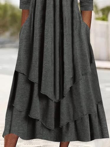 LOAIHA Women 2025 Fashion Crewneck Dresses Long Sleeve Swing Ruffle Irregular Hem A Line Flowy Pleated Maxi Dress4