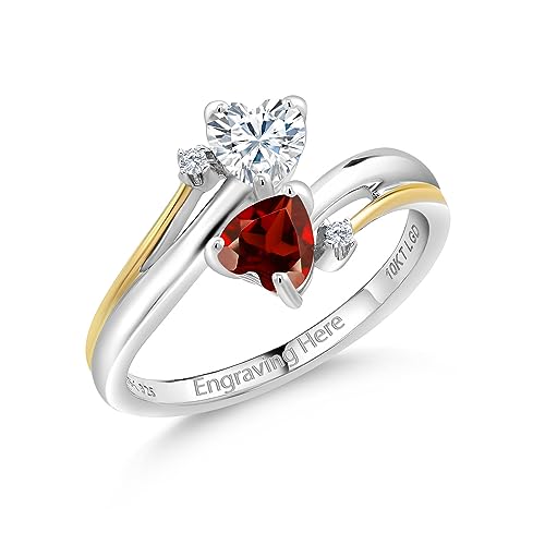 Gem Stone King Customized and Personalized Engraved Gemstone Birthstone and Lab Grown Diamond 2 Heart Promise Couple Ring For Women | 925 Silver and 10K Yellow Gold | Available In Size 5, 6, 7, 8, 9