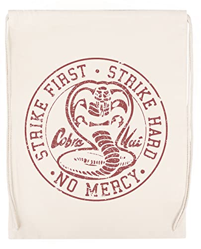 Cobra Kai Strike First Hard No Mercy Distressed Beige Deporte Bolsa el Gimnasio Duradera Respetuosa con el medio ambiente Drawstring Gym Bag