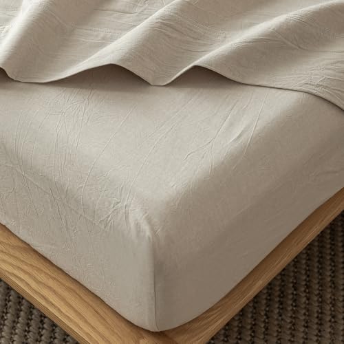 MooMee Fitted Bottom Sheet Only 100% Washed Cotton Linen Like Textured Breathable Durable Soft Comfy Deep Pocket Fits Mattress up to 17" (Tannish Linen Grey, Queen)