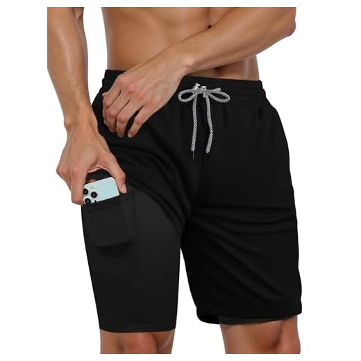 Shorts de corrida masculinos, shorts de ginástica de secagem rápida com forro, shorts esportivos 2 em 1 furtivos com bolsos com zíper e laço para toalha, Preto, M