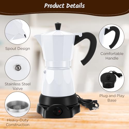 Image of 6 Cup Electric Espresso Coffee Maker 300ml Aluminum,White