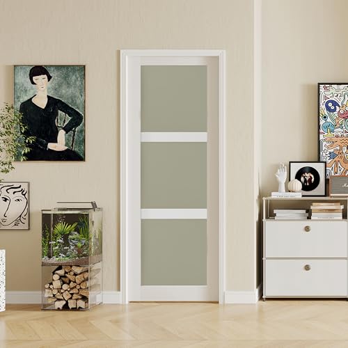 SOLRIG 30" x 80" French Interior Door, 3 Lite Frosted Glass Panel for Closet & Bathroom, Single Pre-Finished Slab Door, MDF, White Primed (Hinges Not Included)