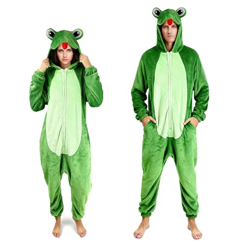 ORIENTOOLS Unisex Erwachsene Pyjama Schlafanzug Plüsch Damen Herren Onesie Jumpsuit Einhorn Tier Kostüm Halloween Karneval Kostüm (DE/NL/SE/PL Alphanumerisch L Regular Regular Frösch)