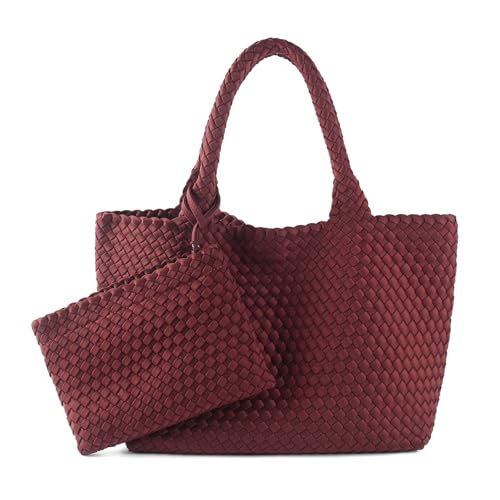 Image of Woven Bag for Women, Large Neoprene Tote Bag Summer Beach Handbag Purse Retro Handmade Travel Shoulder Bag Set