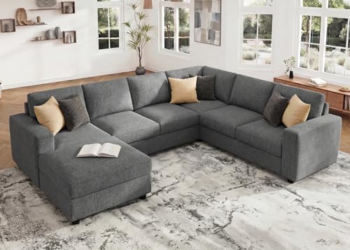 Image of HONBAY Sectional Sofa with Storage, U Shape Sofa with Chaise, 7 Seater Sectional Couch for Living Room, Light Grey