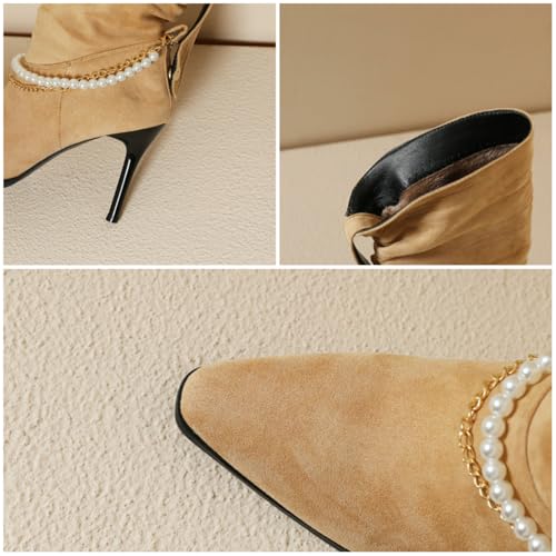 Women's Fashion Pointed Toe Ankle Boots Sexy Stiletto Heel Comfortable Mid-Calf Boots Elegant Pearl String Short Boots Slip on Party Dress Suede Pumps Shoes3