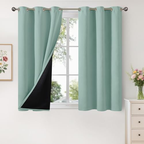 YoungsTex Short 100% Blackout Curtains 48 Inch Long for Bedroom Window, Thermal Insulated Black Out Drapes with Grommet Energy Saving for Bathroom Living Room, 2 Panels, Sage Green, 42 X 48 Inch