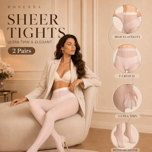 Image of HONENNA Sheer Tights for Women 2 Pairs Ultra Thin Reinforced T Crotch Control Top Pantyhose Stockings