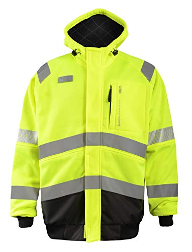 OccuNomix SP-CROSSJKT-YL 3 Season Safety Performance Workwear Premium Fleece Crossover Jacket with Quilted Flannel-Lined Hood, EverShield DOR Treated, Class 3, 100% ANSI Polyester, Large, Yellow