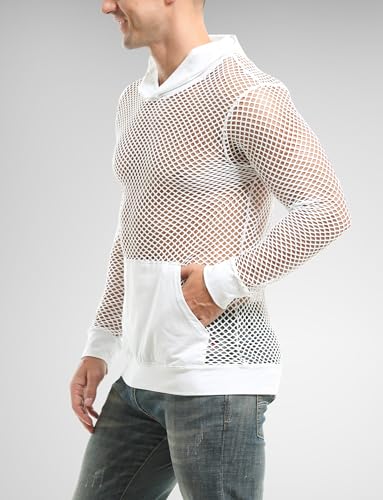 FEOYA Men Fishnet Top Sheer See Through Hoodie Mesh Club Workout Shirts Pullover2