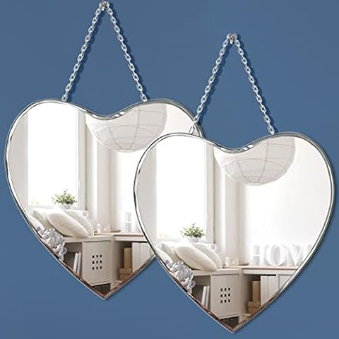 QMDECOR Heart Shaped Mirror with Iron Chain for Wall Decor 12x12 inch 2 Pack Wall Hang Real Glass Frameless Decorative Accent Mirror Glam Mirror Cover