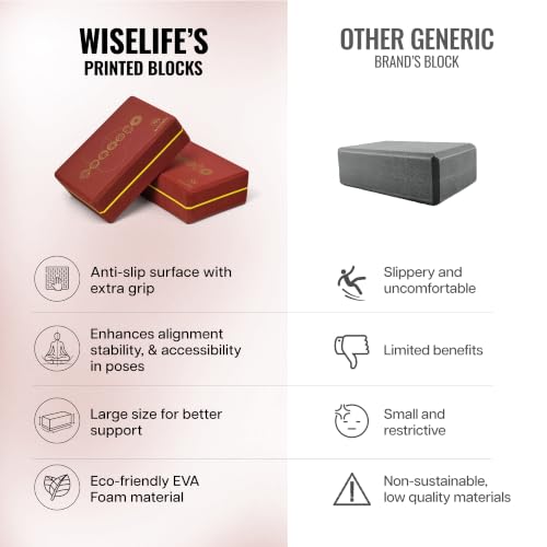 Image of WiseLife Printed Yoga Blocks | Yoga Brick (Pack of 2, Extra Large Size), High-Density EVA Foam Soft Surface for Balance, Support & Performance, Strength Training Exercise (Maroon)