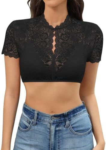 Zeagoo Dirndl Bluse Damen Spitze Elegant Kurzarm Weiß Schwarz Trachtenbluse | Stehkragen Enges Dirndlbluse mit Knöpfen | Oktoberfest Blusen | 34-46