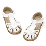 PANDANINJIA Toddler Girls Sandals Closed Toe T-Strap Kids White Pu Dress Summer Flats Sandals Cute Bow Flower Girl Size 7 Shoes