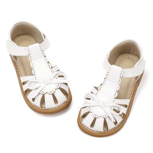 PANDANINJIA Toddler Girls Sandals Closed Toe T-Strap Kids Dress Summer Flats Sandals Cute Bow Flower Girl Shoes - Main Image