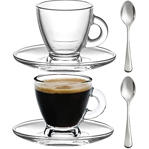 BOHEM'S Espresso Cups, 3.2-Ounce. Small Demitasse Clear Glass Espresso Drinkware, Set Of 2 Cups, Saucers and Stainless Steel mini Spoons, Hostess, Coffee Lover/Enthusiast (clear) Cover