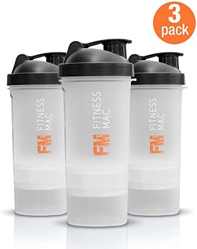 3-Pack (Transparent/Black) Tri-Layered 22 oz Protein Shaker Cups with Twist n' Lock Vitamin and Protein Containers by Fitness Mac