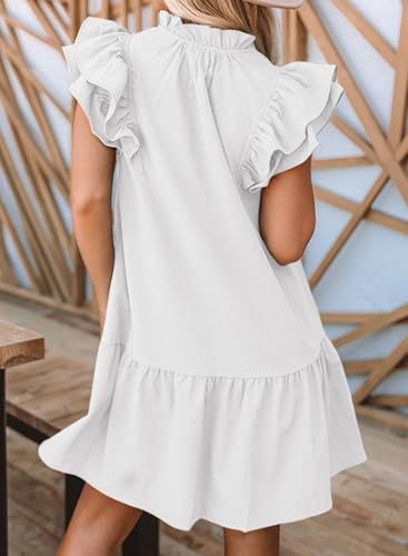 Image of Dokotoo Womens Summer Dresses 2026 V-Neck Drawstring Ruffle Cap Short Sleeve Side Pockets Mini Dress Sundress