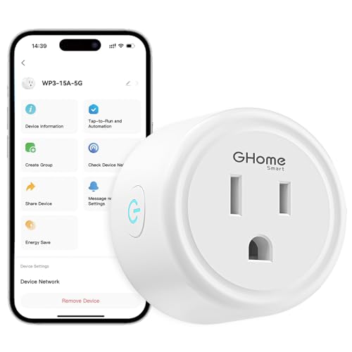 GHome Smart Plug 15A 5GHz, Smart Home Wi-Fi Outlet Compatible with Alexa, Google Home & IFTTT, No Hub Required, UL Certified, 5G and 2.4G WiFi, ETL/FCC Certified, White (1 Pack)