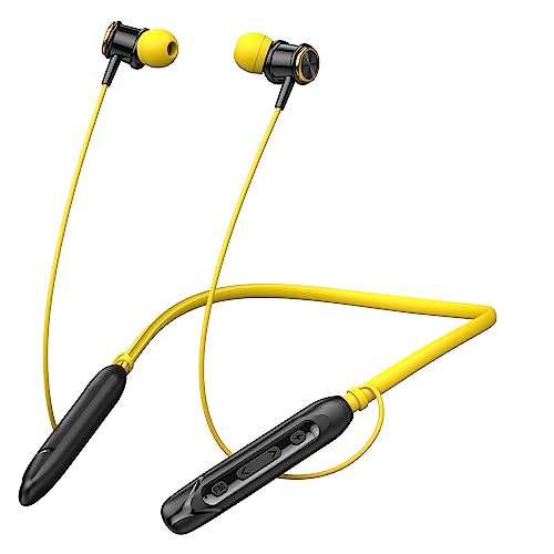 RD EM-500 Bluetooth Earphone, 13mm Drivers, Upto 48 Hours Playtime, Bluetooth v.5.2, 5 EQ Mode with FM Mode, IPX4 Sweatproof Neckband for Running, Gyming & Sports – Yellow