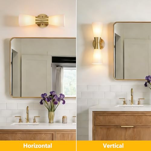 Image of Wall Sconces Set of 2 for Bathroom, Modern Indoor Vanity Light Fixtures 15 inch, Up Down Lighting, Wall Mount Lamp for Living Room Bedroom Hallway Stairway Fireplace Mirror E26 Base 2PC White&Gold