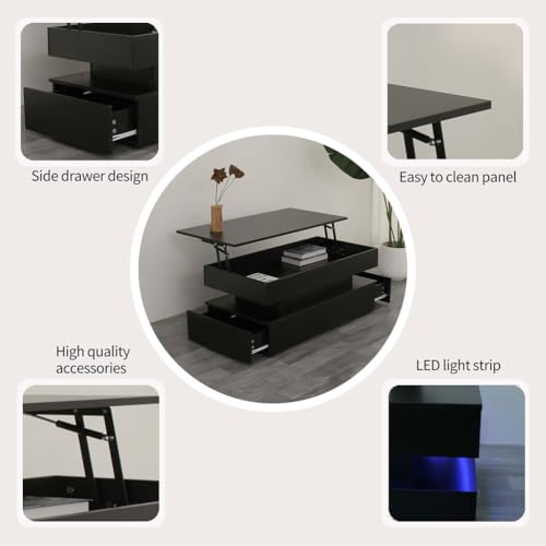 AMZOSS 40\" Lift Top Coffee Table, Rectangle Center Table with Storage, LED Lights, Hidden Compartment, 2 Drawers and Open Shelf, Small Modern Coffee Table for Living Room,Black