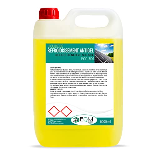 EQM SOLUCIONES QUÍMICAS | ECO-601 | 5 L | Liquide de Refroidissement-antigel pour Panneaux Solaires | Liquide caloporteur à Base de Propylène Glycol | Non Toxique | Protection : -24ºC/130ºC Cover
