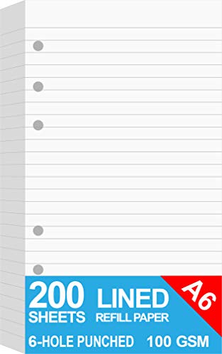 200 Sheets A6 Lined Paper for Filofax Personal Binder Planner White 100gsm Ruled Pages 6 Hole Punched 3.75 x 6.75 Inch