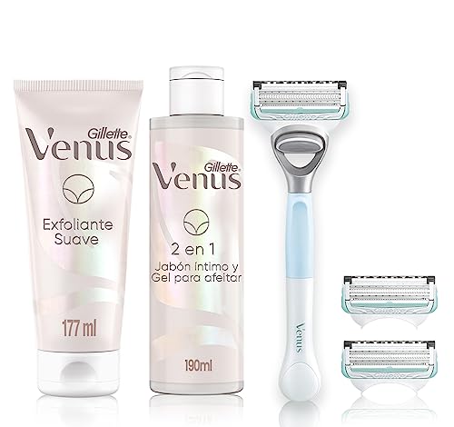 Depiladoras, Drugstore GILLETTE Venus, Kit para Área Íntima, 1 Rastrillo Mujer + 3 Cartuchos para Rastrillo Venus + 1 Jabón Íntimo 2 en 1 + 1 Exfoliante, Depilación Íntima
