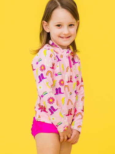 Image of RuffleButts Baby /Toddler Girls Long Sleeve Rash Guard 2 Piece Swimsuit Set w /UPF 50+ Sun Protection with Zipper