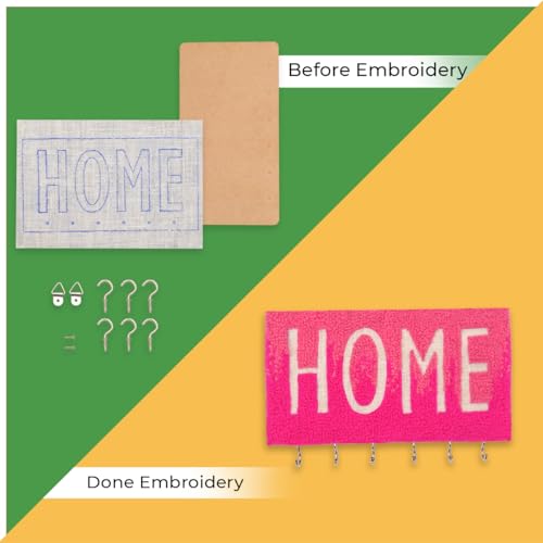 Image of picknMAKE DIY Embroidery Keychain Holder Kit - MDF Base with Pre-Printed Home Design, Pink Wool for Embroidery, 6 Hooks, Glue, Hinges, and All-Inclusive Craft Materials