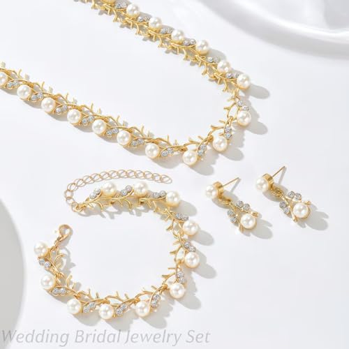 la luen Pearl Bride Wedding Jewelry Set Faux Pearls Crystal Rhinestone Necklace Earrings Bracelet Sets for Women Bridesmaid(3 PCS)4