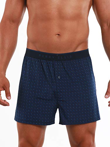 Perry Ellis Men's Luxe Button Fly Boxer Short, Dots - Navy, Large