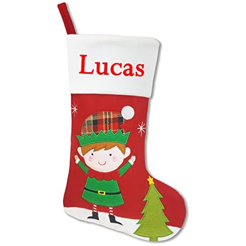 YOUBEMAGIC 18" Christmas Personalized Stocking Customized Names Embroidery Names on Stocking (Elf Boy) Cover