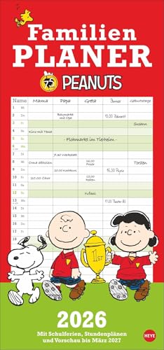 Peanuts Familienplaner 2026: Kalender für Familien mit 5 Spalten. Humorvoll illustrierter Familien-Wandkalender mit Snoopy, Charlie Brown und Co. (Peanuts Kalender Heye)
