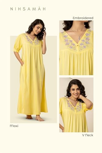 Image of NIHSAMAH Viscose Nighty for Women, Embroidered & Printed Stylish Night Gown, Long Sleeve Comfortable Sleepwear Long Nightwear, Maxi