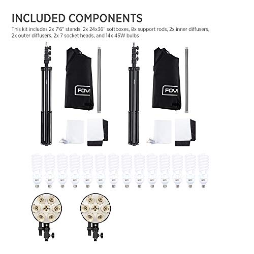 Fovitec 2-Light Xl Fluorescent Studio Lighting Kit, 24"X36" Softboxes, 3150W Continuous Light, 14 45W Bulbs And 2 Light Stands For Product Photos #TOP6