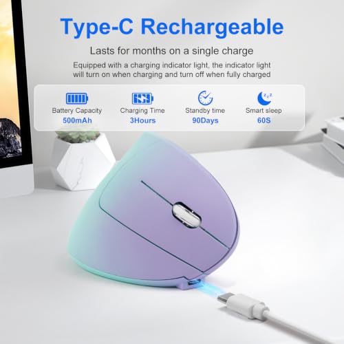 Image of Vertical Mouse, Right Handed 2.4GHz Wireless Ergonomic Rechargeable Vertical Mouse with 4 Adjustable DPI 800 /1200 /1600 /2400, 6 Buttons,Compatible with PC, Desktop,Mac (Purple)